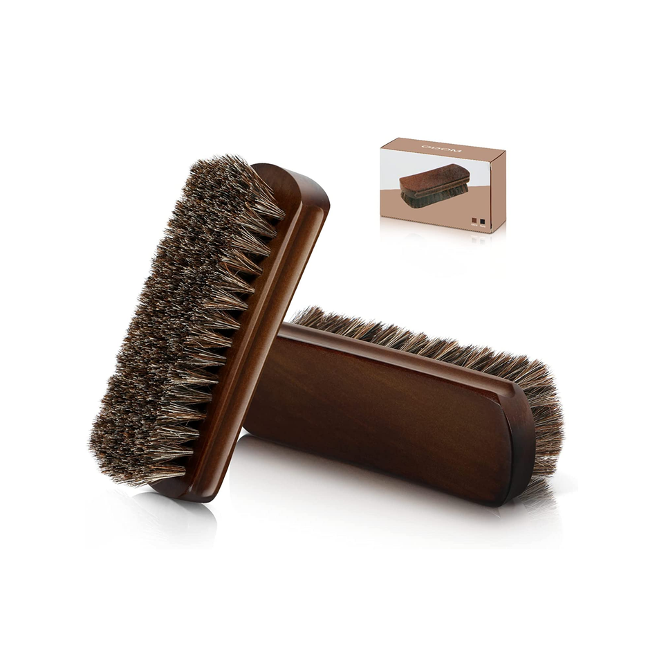 ODOMU 2 PCS Horse Hair Shoe Brush 5.9" Soft Horsehair Brush with Wooden Concave Handle Shoe Polish Brushes Kit for Cleaning