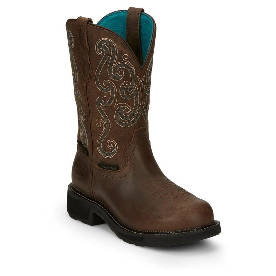 Justin Women Footwear Work Pull-On Rush Tasha 11" Steel Toe Waterproof Work Boot Color Brown (#SE9991)