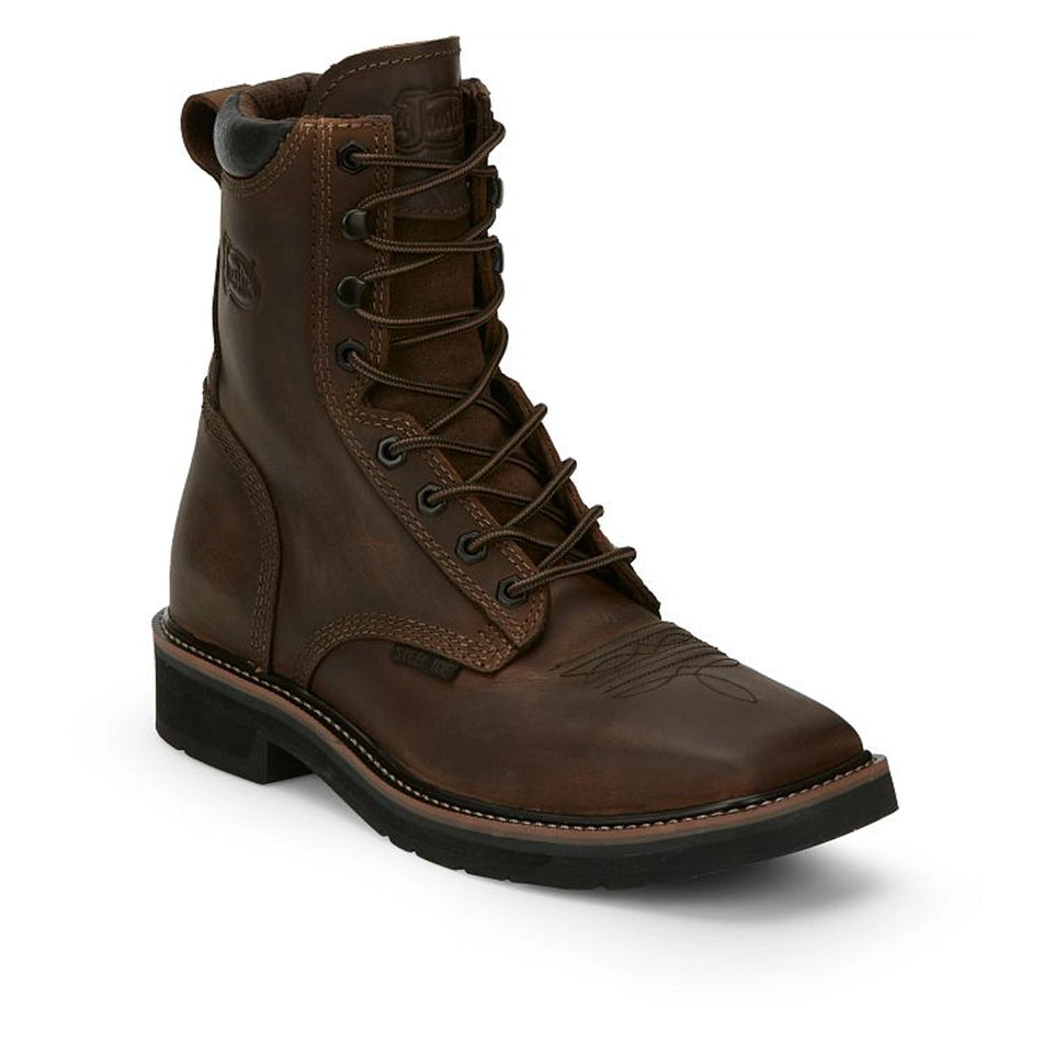 Justin Boot Back Men Footwear Work Lace-Up Pulley 8" Steel Toe Color Aged Bark (#SE682)