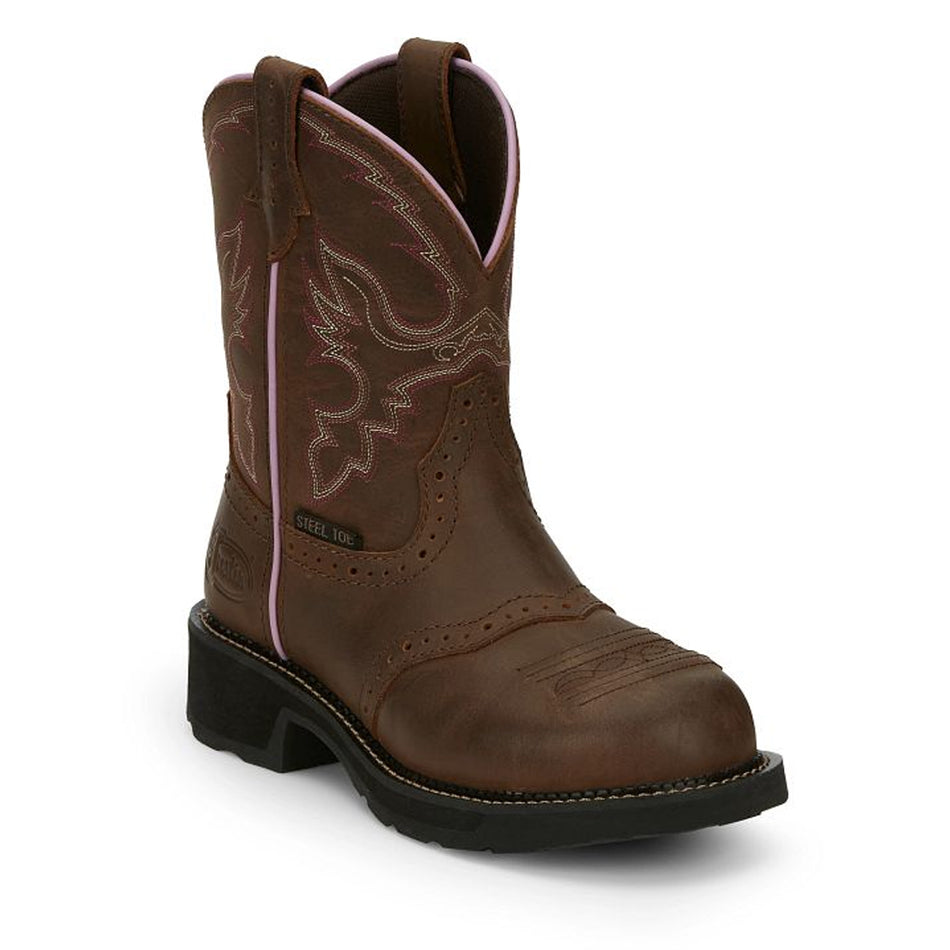 Justin Back Women Footwear Work Lace-Up Wanette 8" Steel Toe Waterproof Work Boot Color Aged Bark (#GY9980)