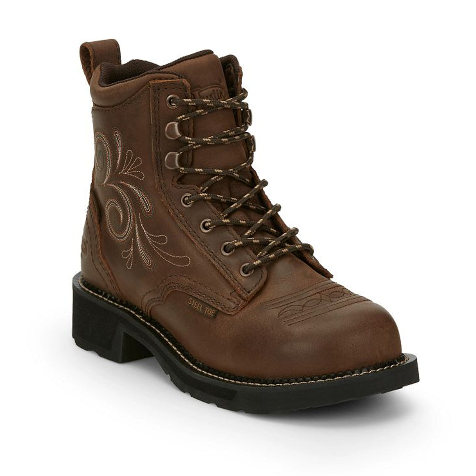 Justin Back Women Footwear Work Lace-Up Katerina 6" Steel Toe Waterproof Work Boot Color Aged Bark (#GY985)