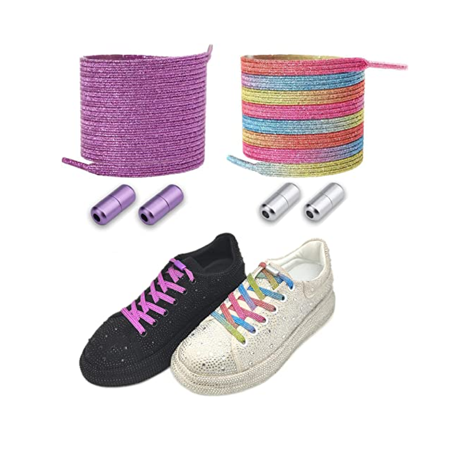 FoxBob 2 Pair No Tie Elastic Sneaker Shoelaces with Colorful Aluminum Buckles, 2 Colors Shoe laces for Kids and Adults