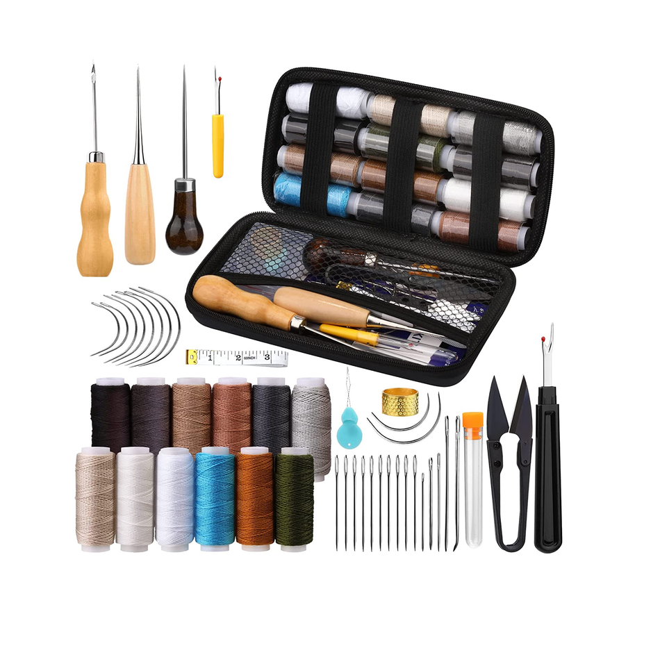 BAGERLA Upholstery Repair Kit 48pcs Leather Sewing Kit with Upholstery Thread Sewing Awl Seam Ripper Needles Thimble Leather Stitching Kit for Carseat Carpet Shoes