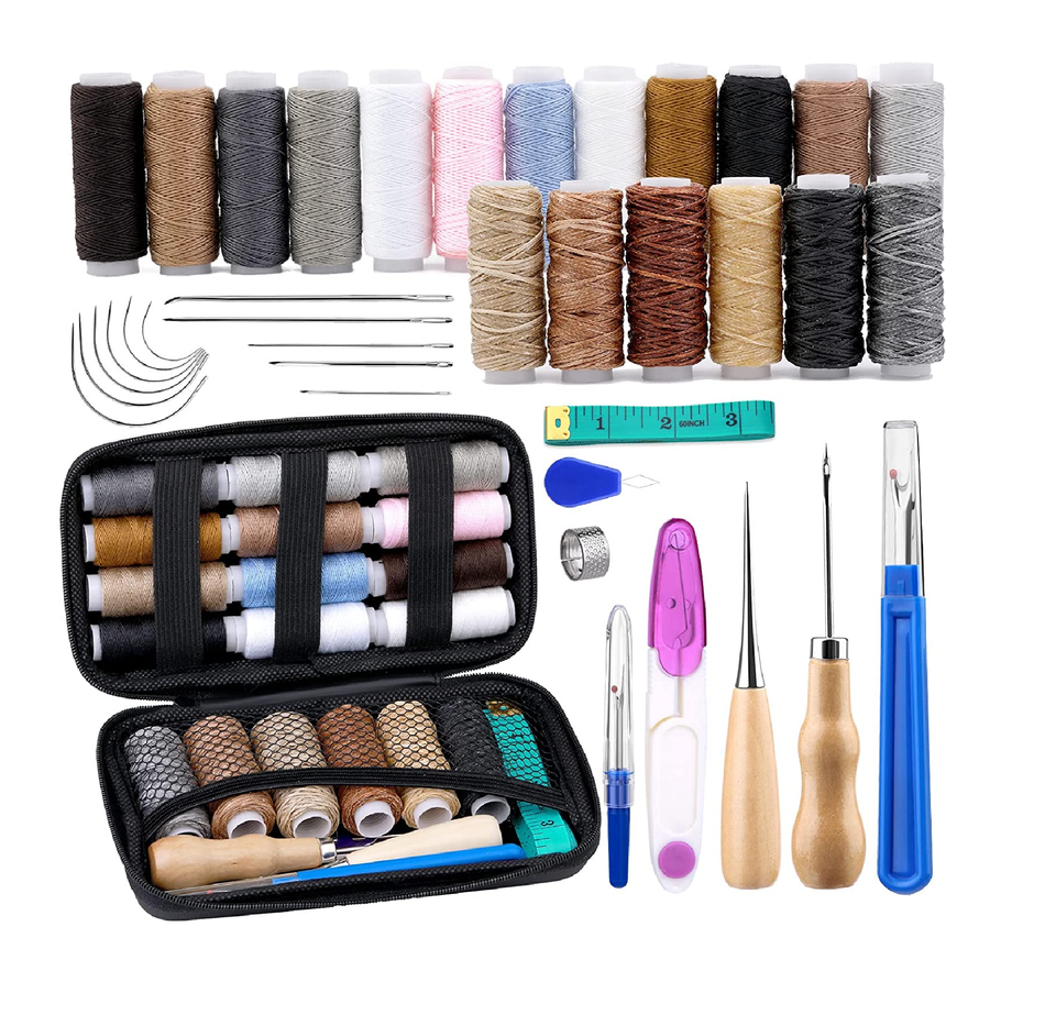 BUTUZE Heavy Duty Sewing Kit Upholstery Repair Kit Curved Needles Sewing Sewing Thread Waxed Thread Awl Needle for Leather Hand Sewing Leather Shoe Repair Kit