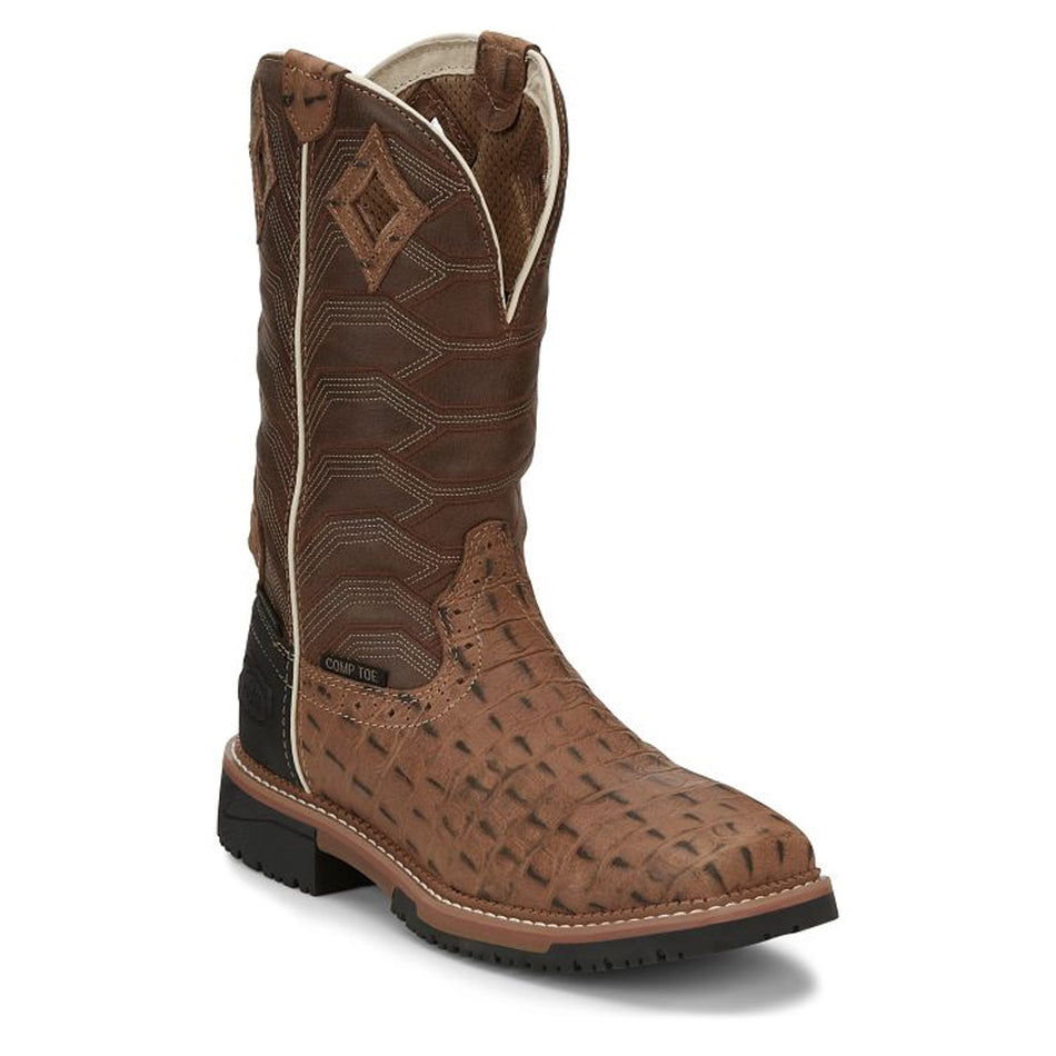 Justin Boot Back Men Footwear Work Pull-On Derrichaman 12" Waterpoorf Composite Toe Work Boot Color Caramel Croc Print (#SE4839)