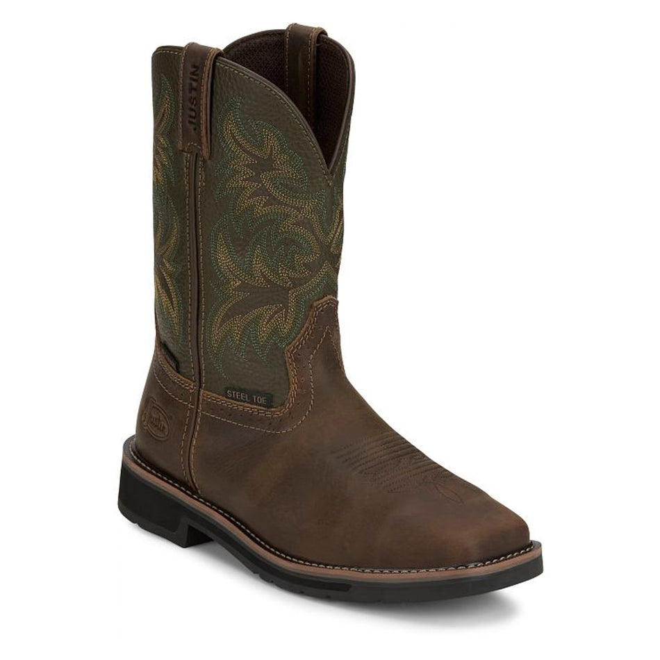 Justin Boot Back Men Footwear Work Pull-On Keavan 11" Met Guard Steel Toe Color Dark Brown (#SE4570)