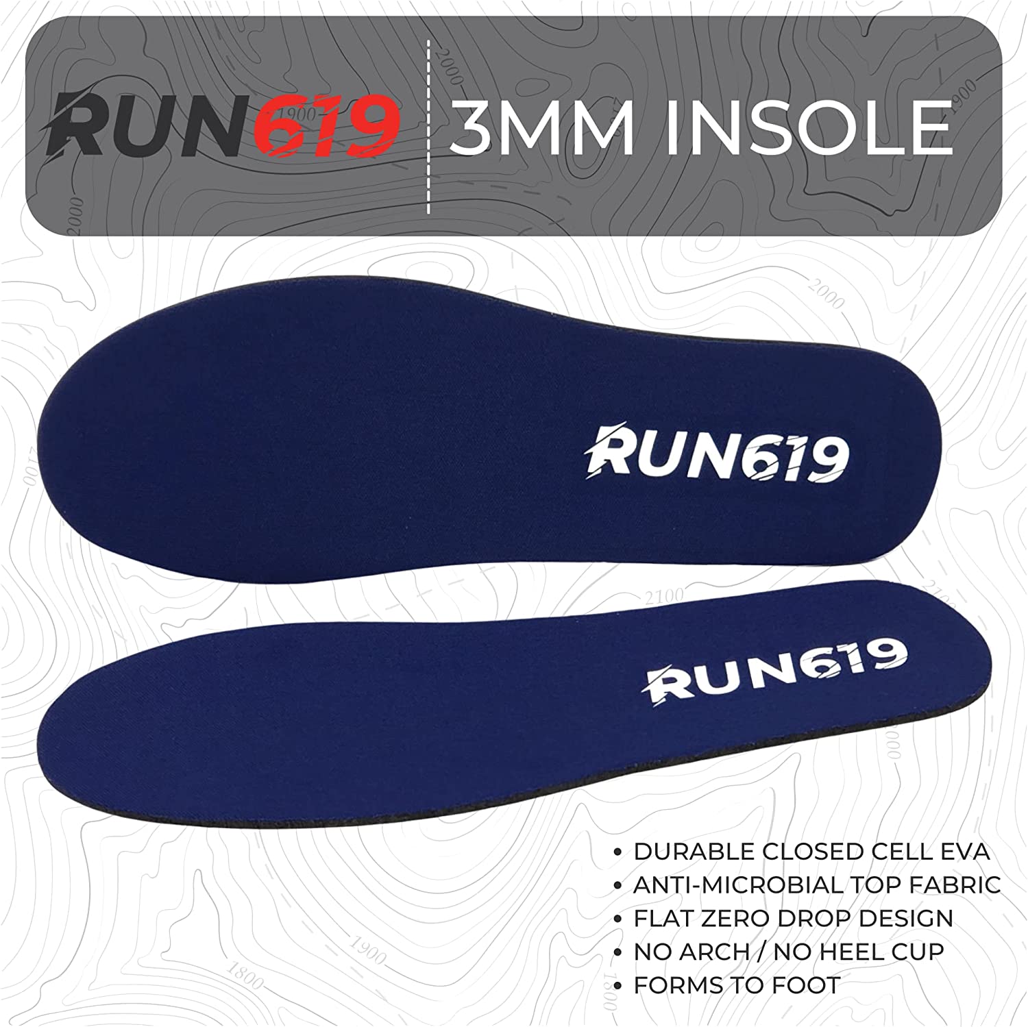 RUN619 Zero Drop Shoe Insoles | Thin Flat Medium Shoe Inserts w/ No Arch Support