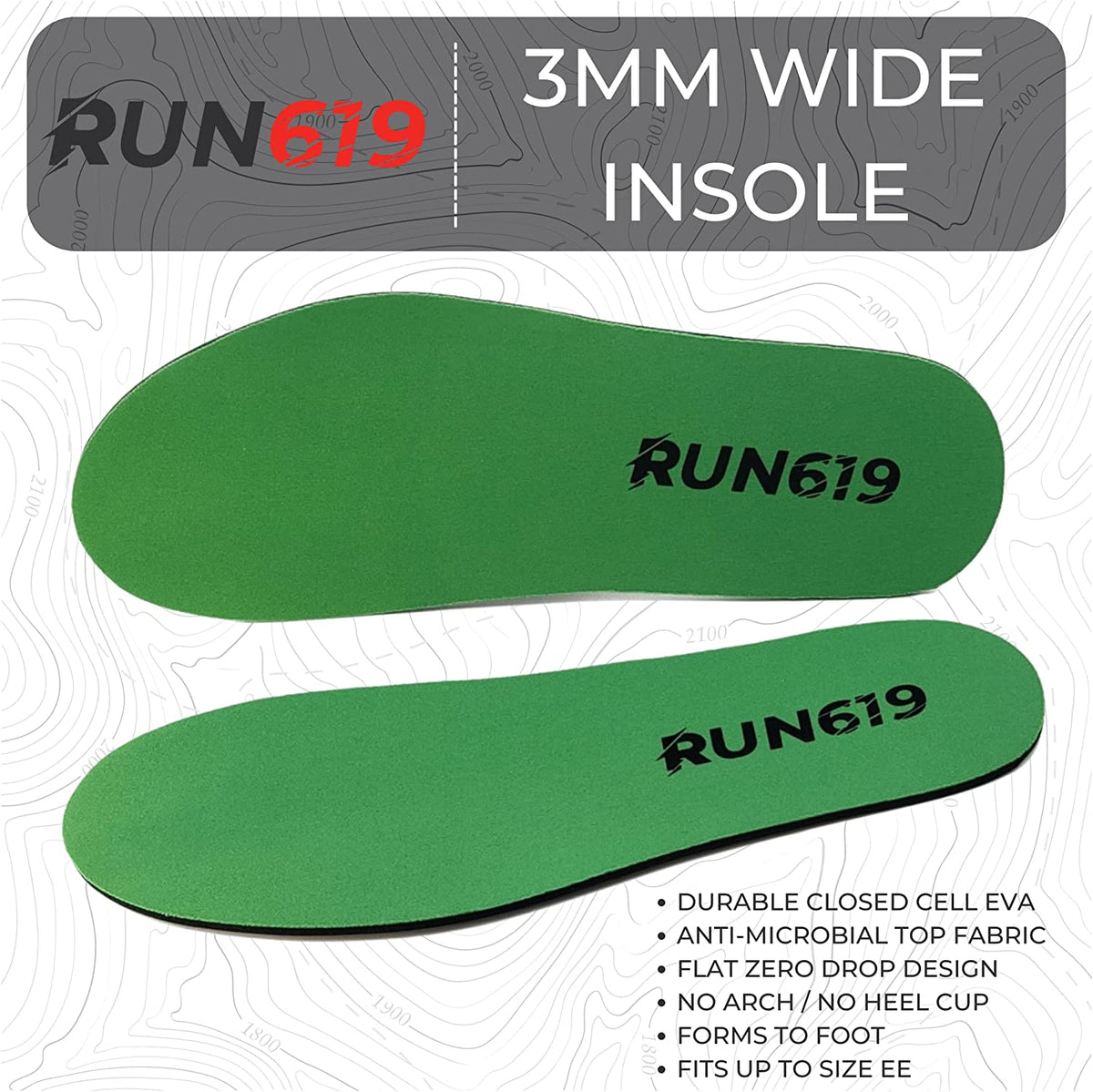 RUN619 Zero Drop Wide Shoe Insoles | Thin Flat Firm Shoe Inserts w/ No Arch Support