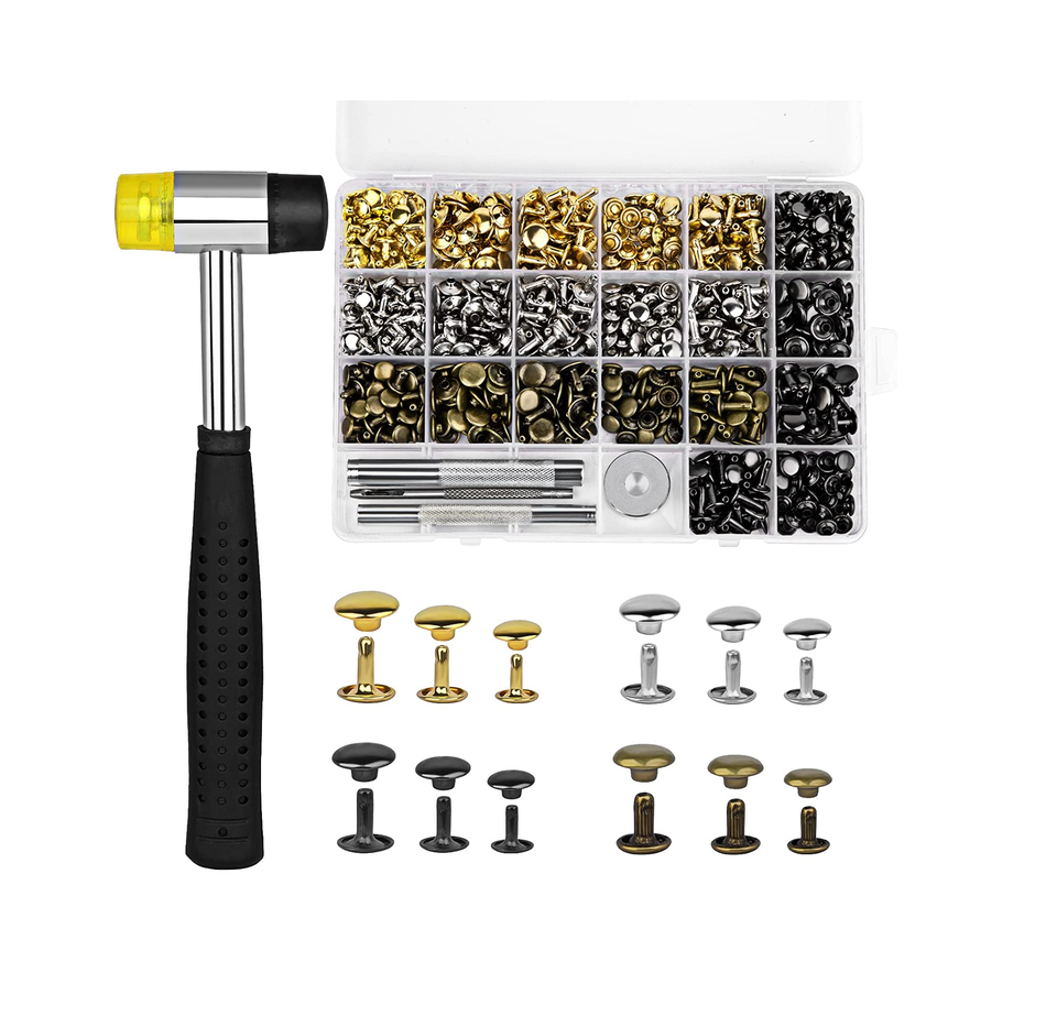 TLKKUE 360 Sets Leather Rivets 4 Colors Double Cap Rivets Tubular 3 Sizes with Rubber Hammer Fixing Tool Kit 4 Pieces for DIY Leather Craft Clothes Shoes