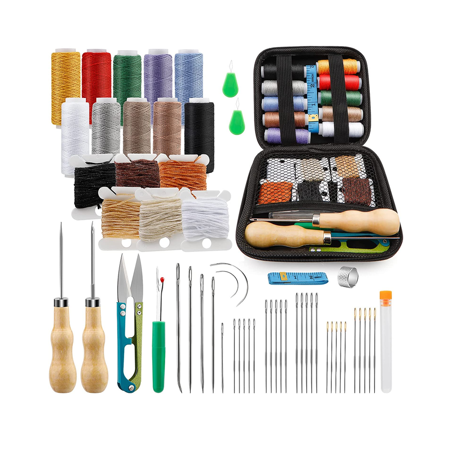 Tikjiua 59 Pcs Leather Sewing Kit Leather Needles for Hand Sewing Heavy Duty Sewing Upholstery Repair Kit Waxed Thread Large-Eye Stitching  Shoes