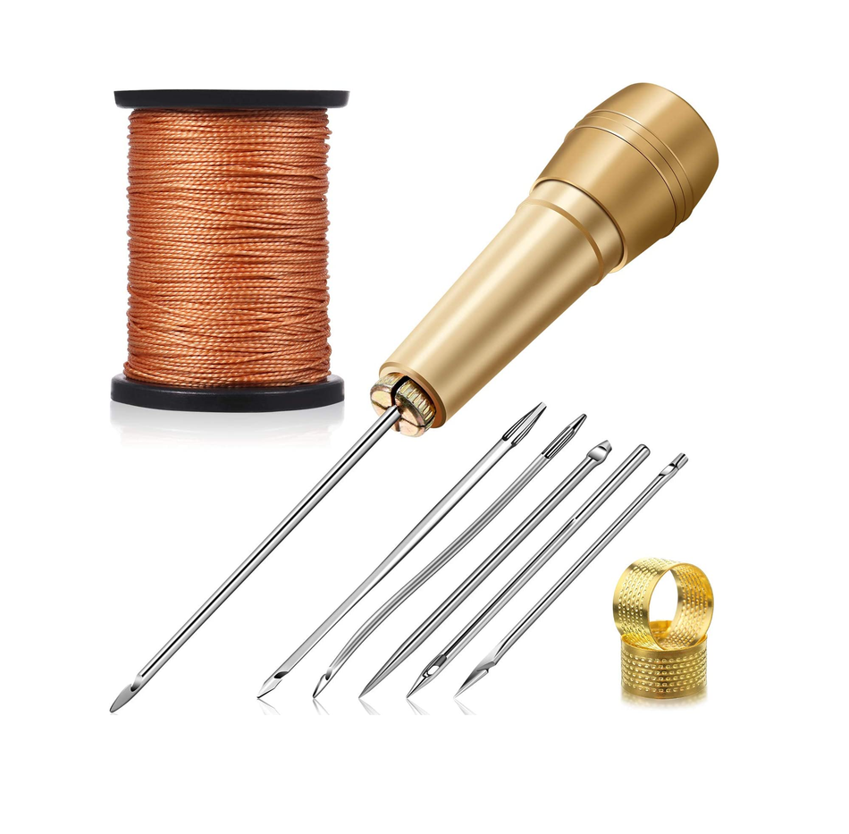 6 Pieces Canvas Leather Sewing Awl Needle with Copper Handle 50 m Nylon Cord Thread and 2 Pieces Thimble for Handmade
