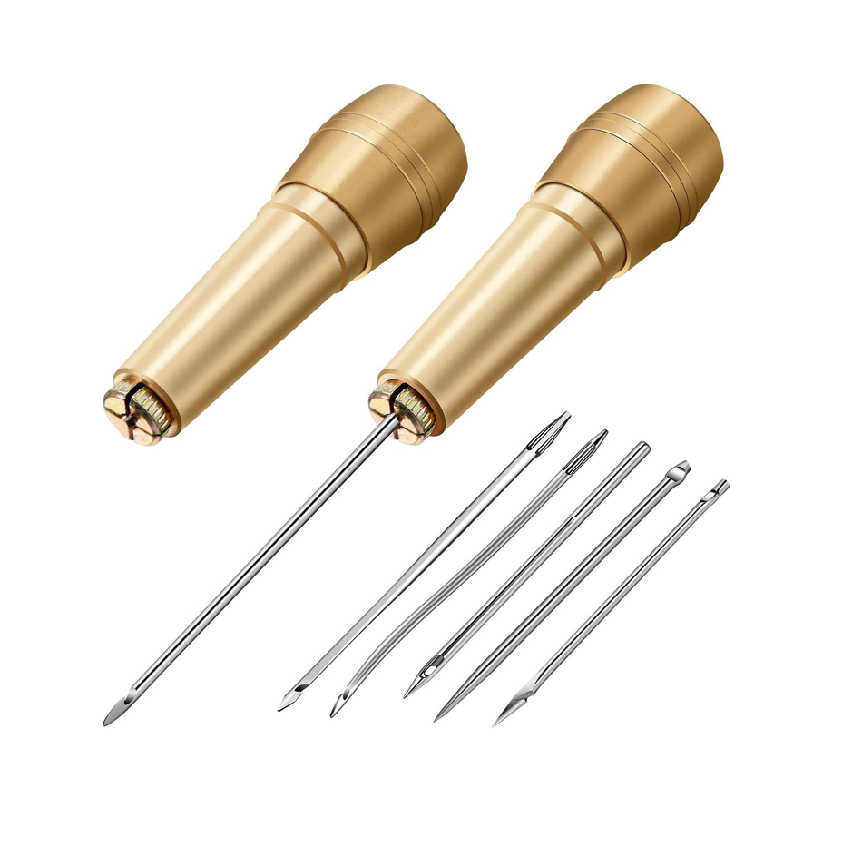 6 Pieces Canvas Leather Sewing Awl Leather Sewing Needle Awl Hand Stitch with 2 Pieces Copper Handle for Handmade Leather Sewing Tools Shoe and Leather Repair