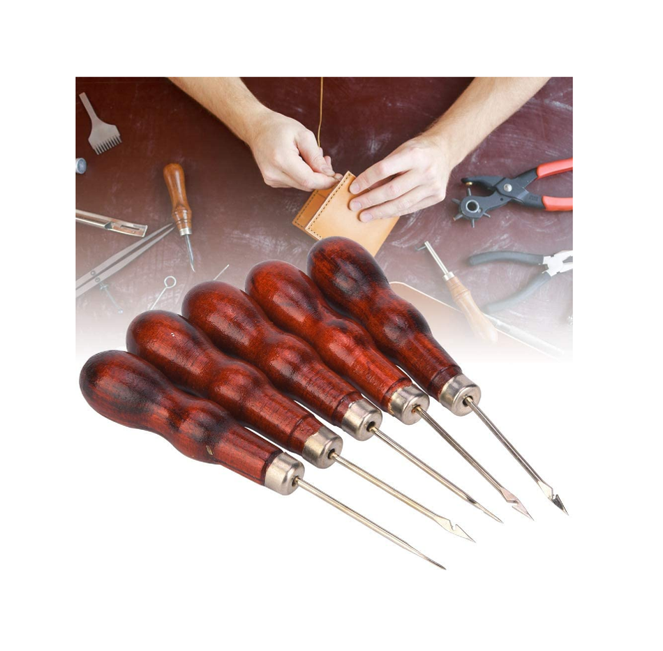 Xinwoer 5PCS Wooden Handle Awl Hole Punch Sewing Stitching Awl Tool Shoe Repair Crochet Hook, Leather Scratch Awl for Punch Stitching Sewing DIY Hand-Made Leather Craft Repair Tools