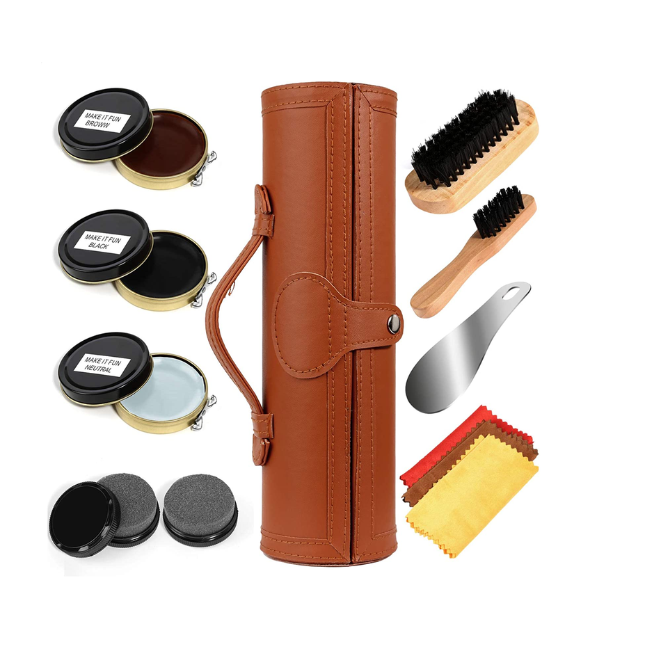 Shoe Shine Kit with PU Leather Sleek Elegant Case 12-Piece Travel Shoe Shine Brush kit